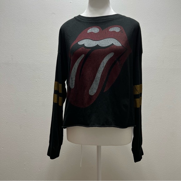 ROLLING STONES Women's Sz L Long-Sleeve Graphic Print Crewneck Crop T-Shirt Top - Picture 2 of 4
